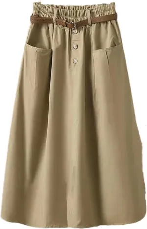 Women's Spring Autumn Skirt Solid Pockets High Waist A-Line Casual Slim Fit Big Swing Skirts