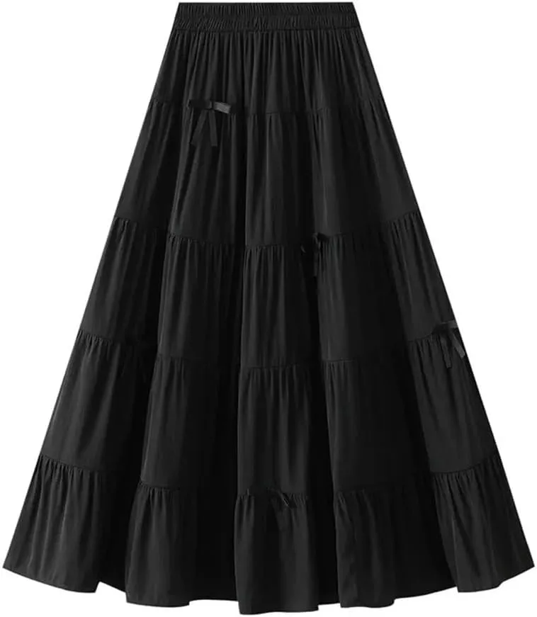 Women's Spring Summer Fashion Elastic High Waist Bow A-Line Long Slim Party Skirts