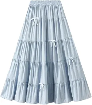 Women's Spring Summer Fashion Elastic High Waist Bow A-Line Long Slim Party Skirts