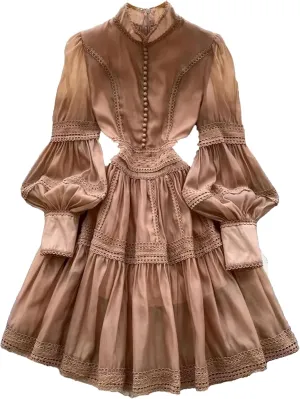 Women's Spring Summer Hollow Out Organza Short Dresses Stand Single Breasted Buttons Lantern Sleeve Party Dresses