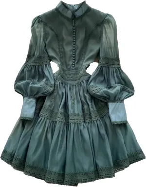 Women's Spring Summer Hollow Out Organza Short Dresses Stand Single Breasted Buttons Lantern Sleeve Party Dresses