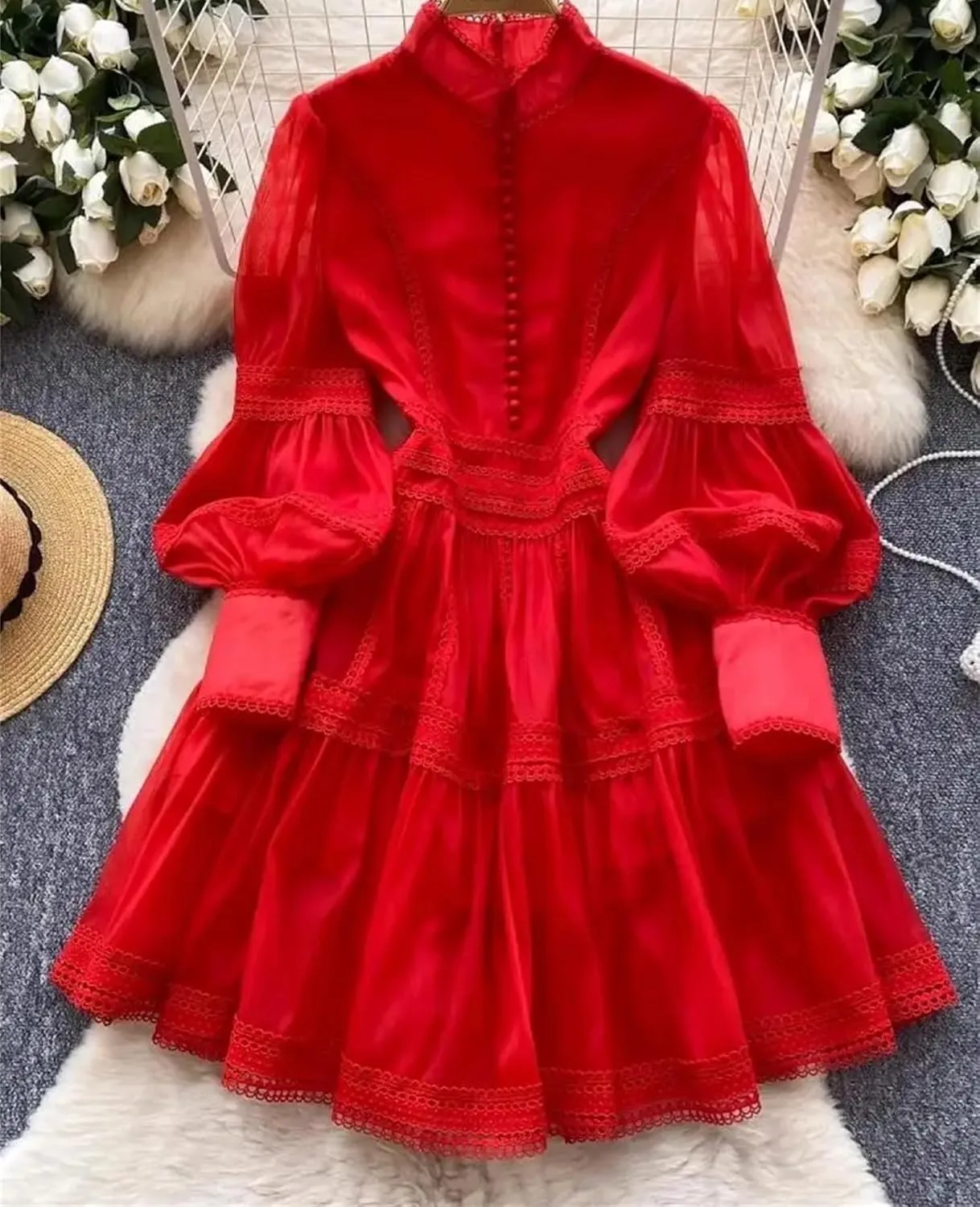Women's Spring Summer Hollow Out Organza Short Dresses Stand Single Breasted Buttons Lantern Sleeve Party Dresses