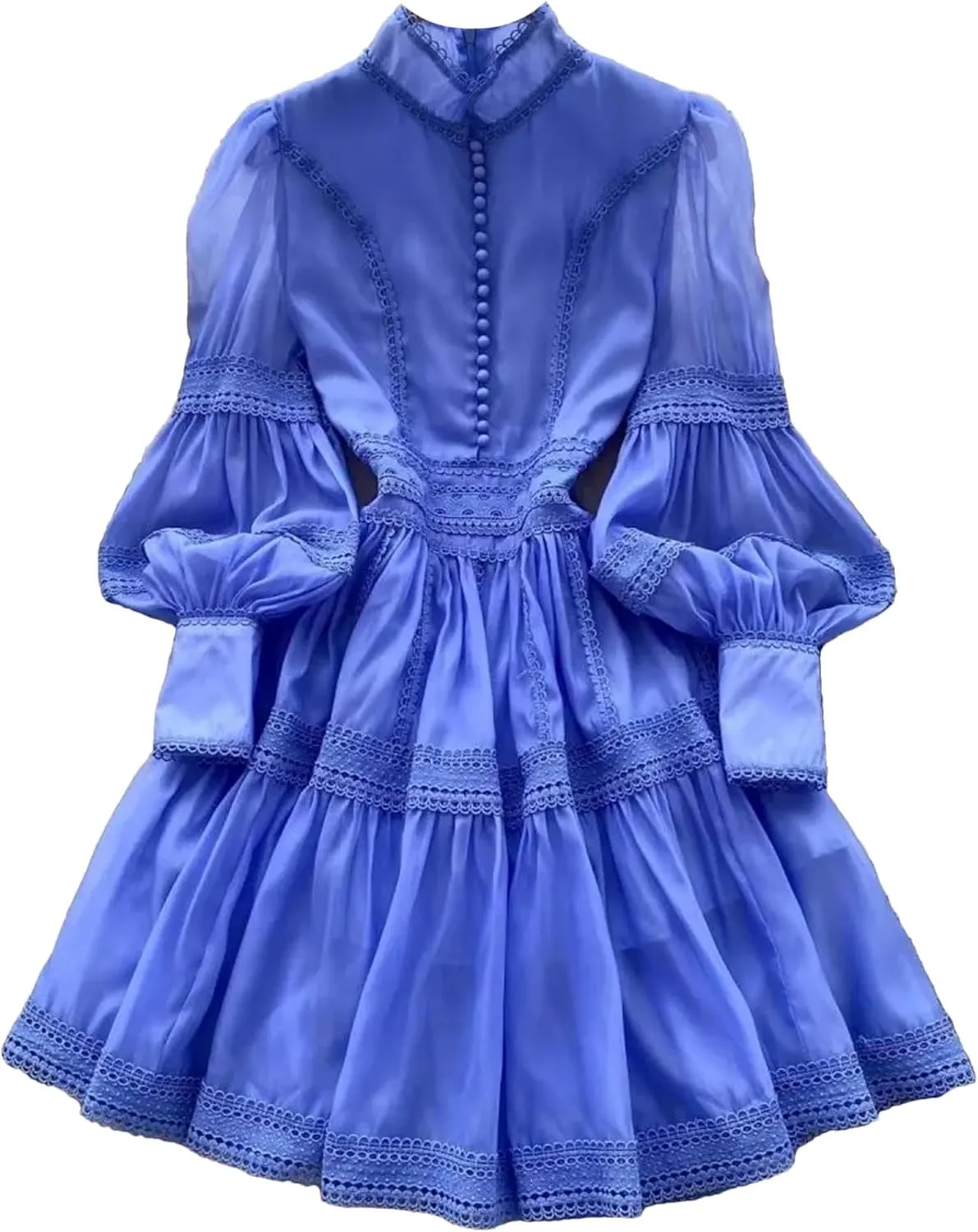 Women's Spring Summer Hollow Out Organza Short Dresses Stand Single Breasted Buttons Lantern Sleeve Party Dresses