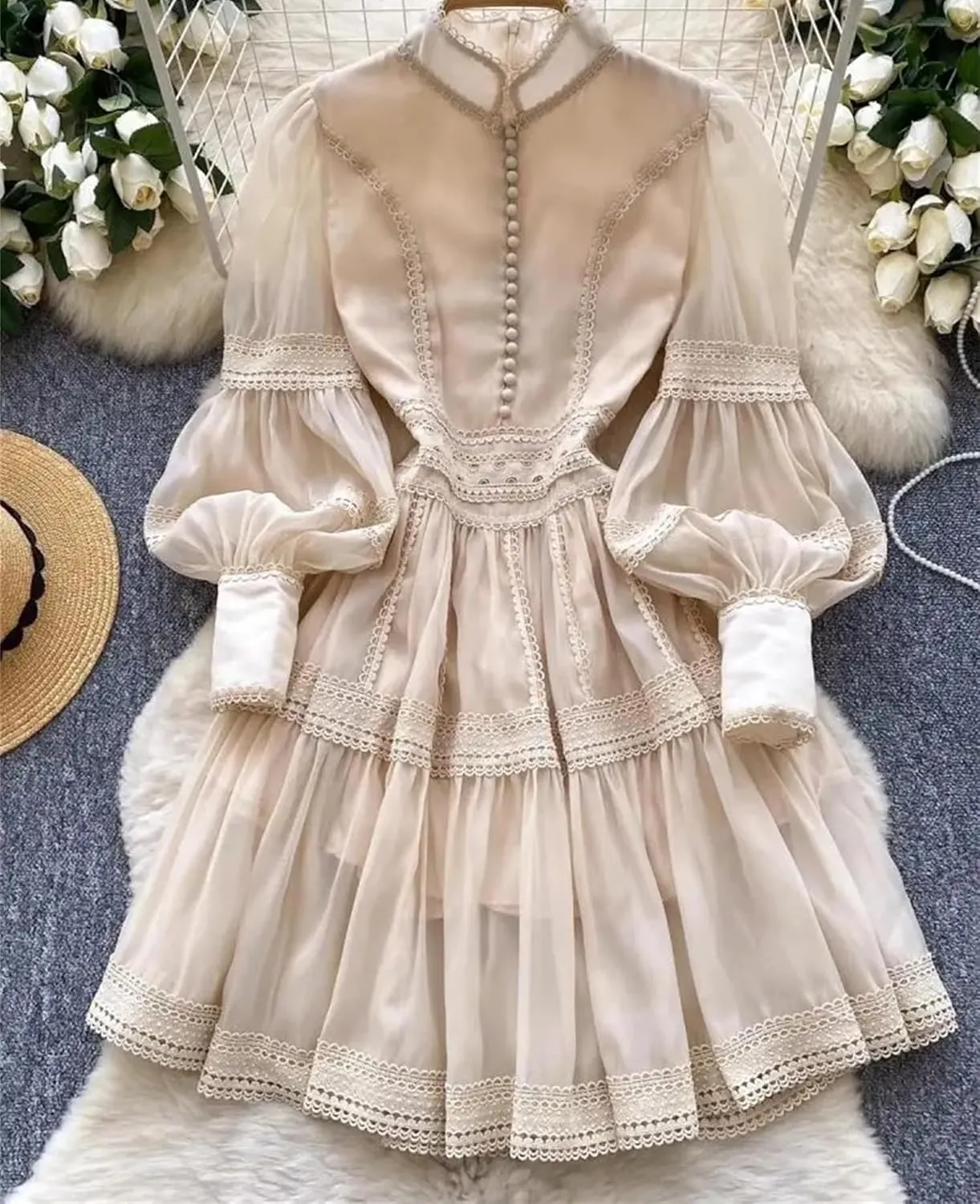 Women's Spring Summer Hollow Out Organza Short Dresses Stand Single Breasted Buttons Lantern Sleeve Party Dresses