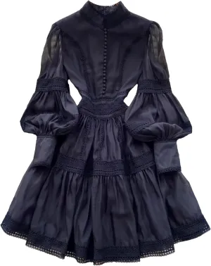 Women's Spring Summer Hollow Out Organza Short Dresses Stand Single Breasted Buttons Lantern Sleeve Party Dresses