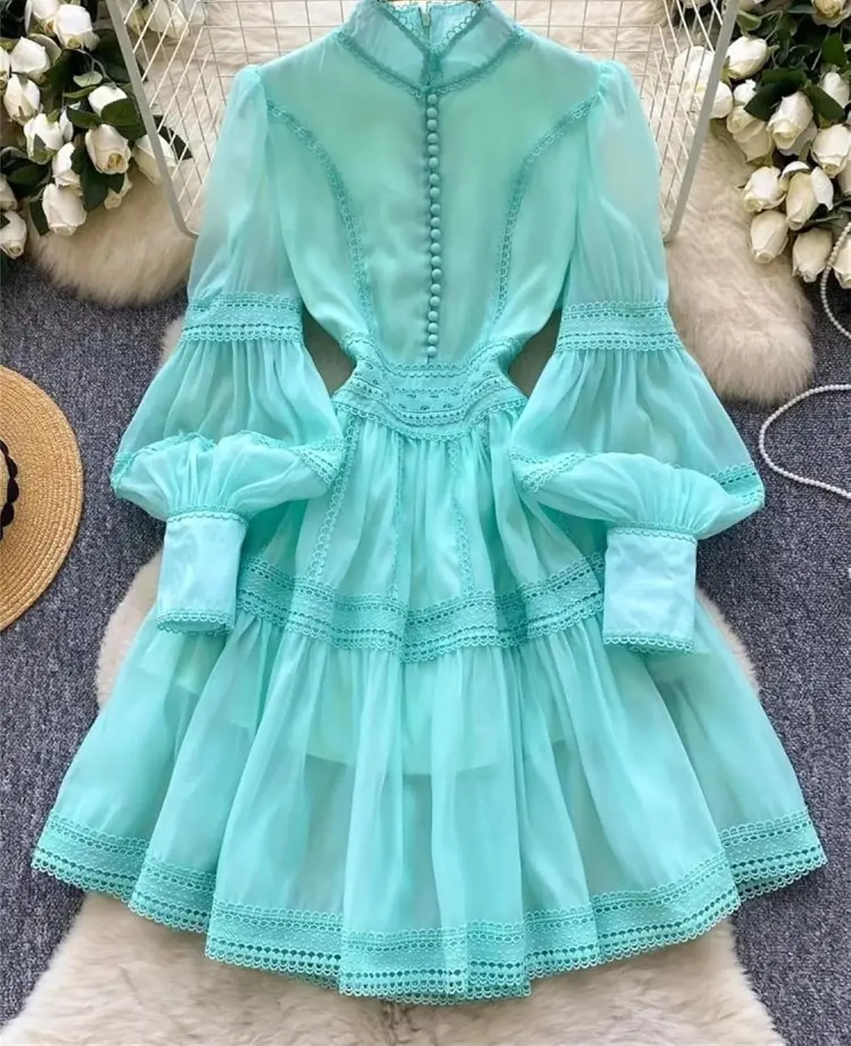Women's Spring Summer Hollow Out Organza Short Dresses Stand Single Breasted Buttons Lantern Sleeve Party Dresses
