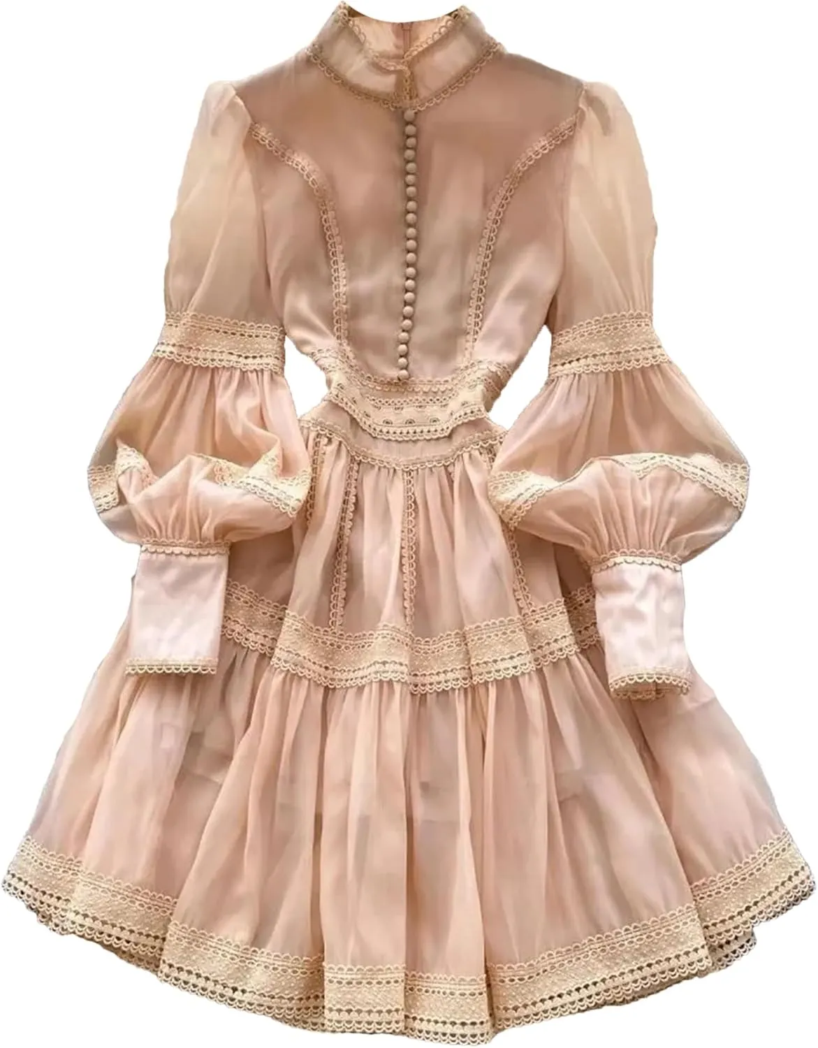 Women's Spring Summer Hollow Out Organza Short Dresses Stand Single Breasted Buttons Lantern Sleeve Party Dresses