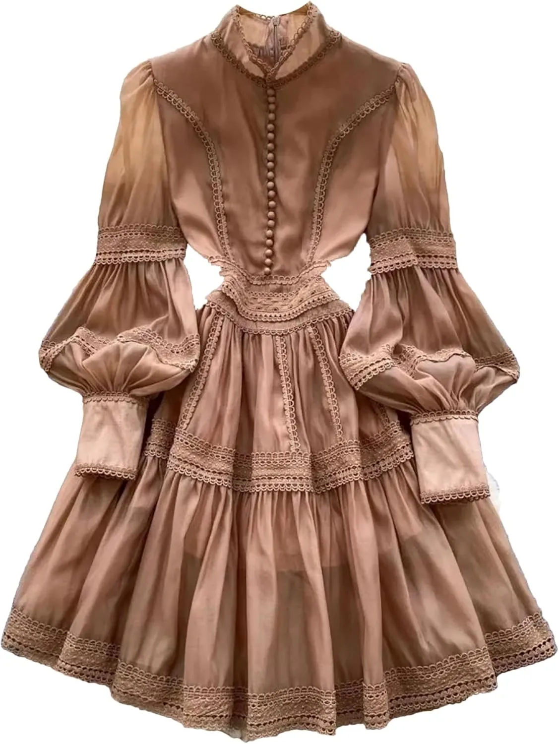 Women's Spring Summer Hollow Out Organza Short Dresses Stand Single Breasted Buttons Lantern Sleeve Party Dresses