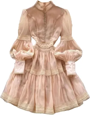 Women's Spring Summer Hollow Out Organza Short Dresses Stand Single Breasted Buttons Lantern Sleeve Party Dresses