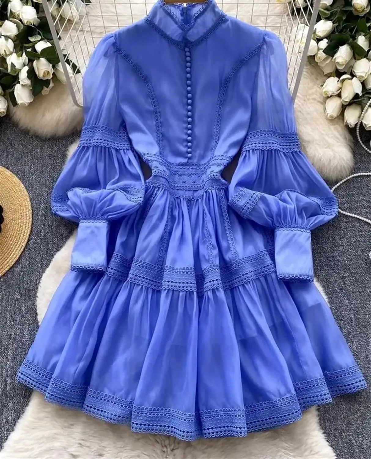 Women's Spring Summer Hollow Out Organza Short Dresses Stand Single Breasted Buttons Lantern Sleeve Party Dresses