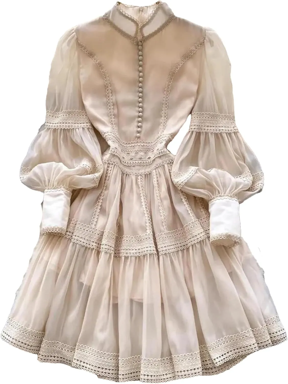 Women's Spring Summer Hollow Out Organza Short Dresses Stand Single Breasted Buttons Lantern Sleeve Party Dresses