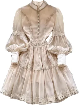 Women's Spring Summer Hollow Out Organza Short Dresses Stand Single Breasted Buttons Lantern Sleeve Party Dresses