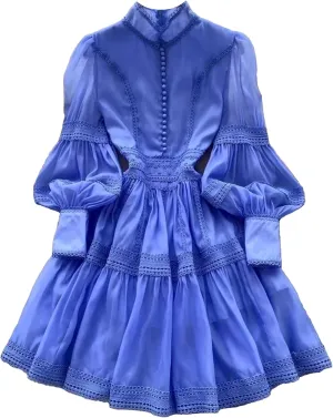 Women's Spring Summer Hollow Out Organza Short Dresses Stand Single Breasted Buttons Lantern Sleeve Party Dresses