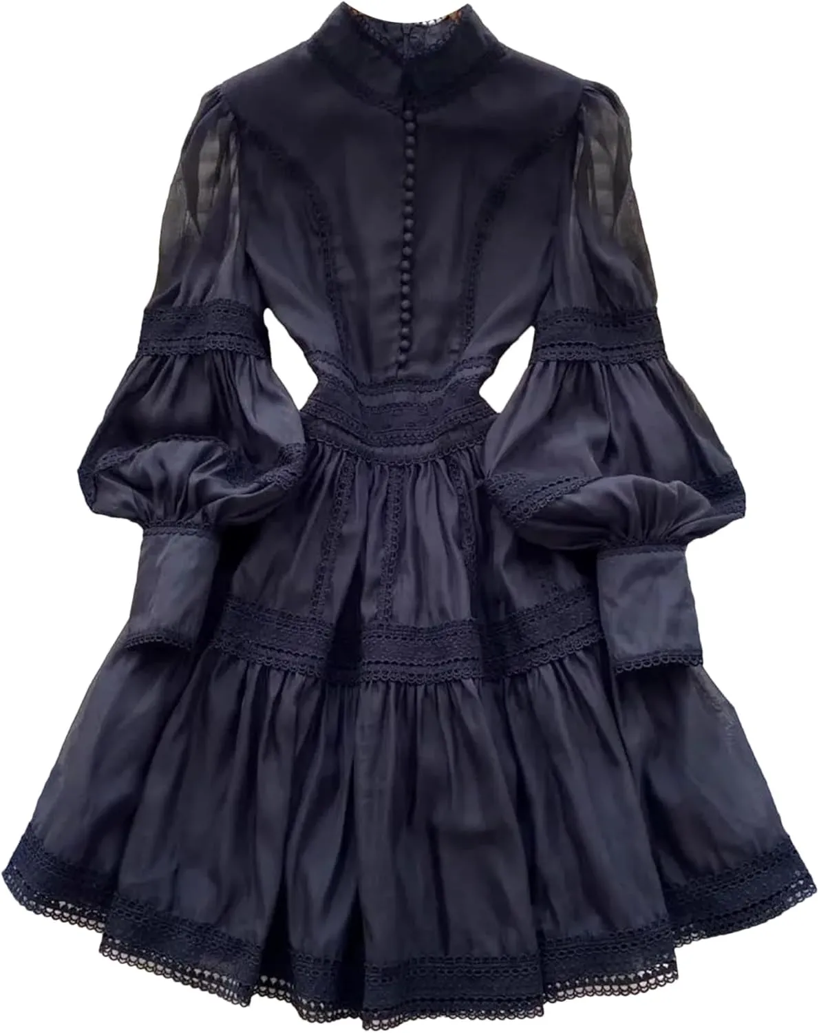 Women's Spring Summer Hollow Out Organza Short Dresses Stand Single Breasted Buttons Lantern Sleeve Party Dresses