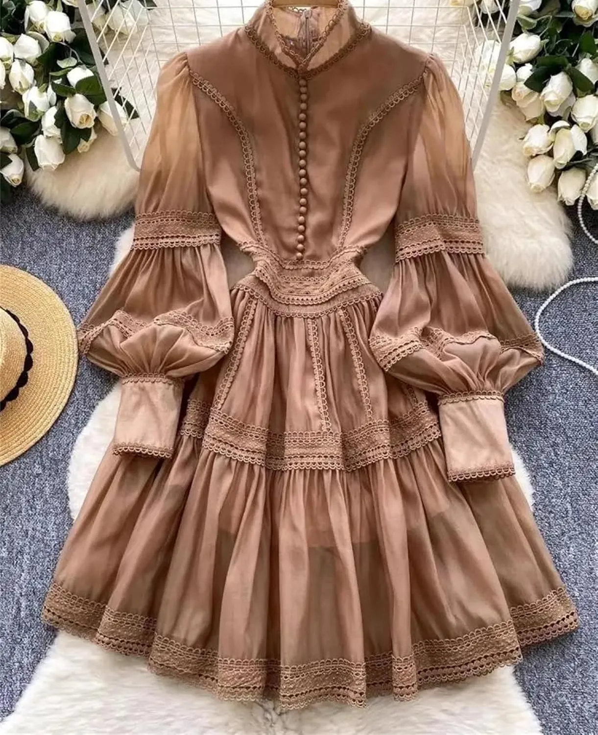 Women's Spring Summer Hollow Out Organza Short Dresses Stand Single Breasted Buttons Lantern Sleeve Party Dresses