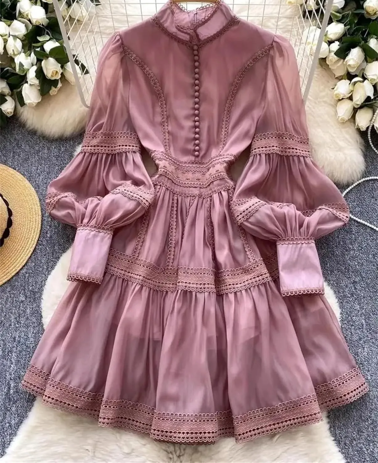 Women's Spring Summer Hollow Out Organza Short Dresses Stand Single Breasted Buttons Lantern Sleeve Party Dresses