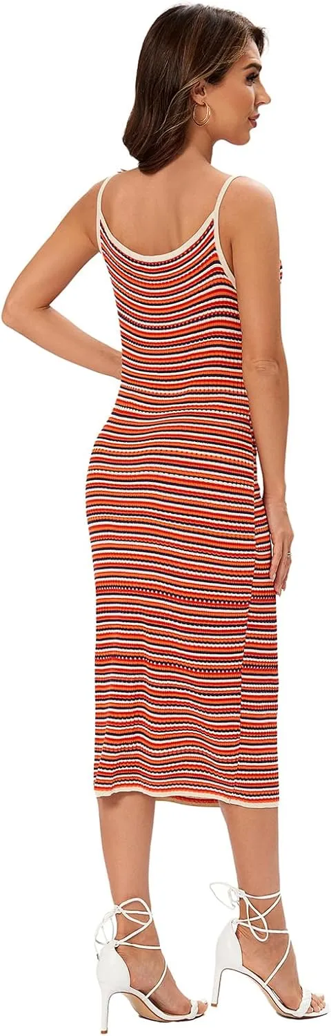 Women's Striped Ribbed Knit Midi Dress, Sleeveless Bodycon Summer Dress, Casual Tank Dress Knee Length