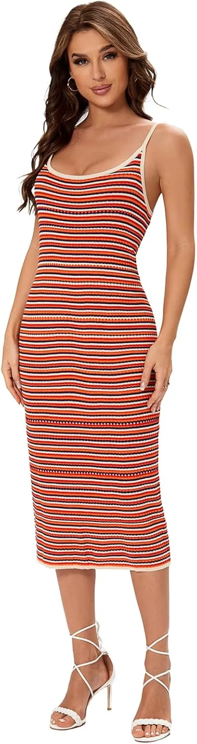 Women's Striped Ribbed Knit Midi Dress, Sleeveless Bodycon Summer Dress, Casual Tank Dress Knee Length