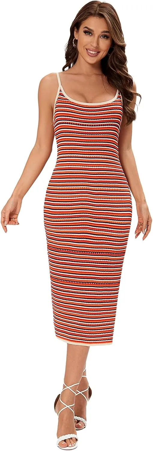 Women's Striped Ribbed Knit Midi Dress, Sleeveless Bodycon Summer Dress, Casual Tank Dress Knee Length