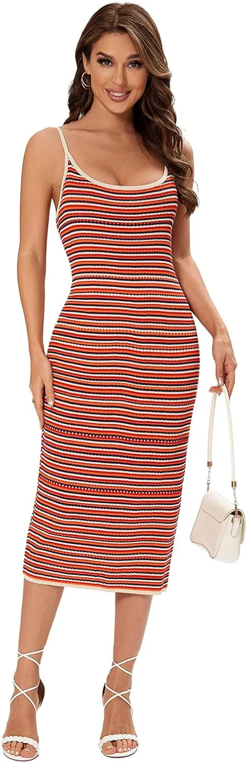 Women's Striped Ribbed Knit Midi Dress, Sleeveless Bodycon Summer Dress, Casual Tank Dress Knee Length