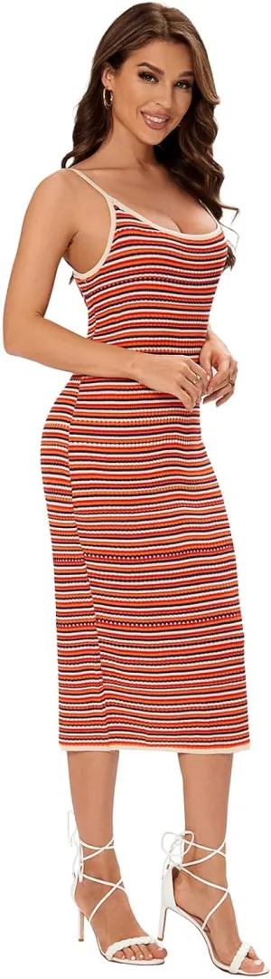 Women's Striped Ribbed Knit Midi Dress, Sleeveless Bodycon Summer Dress, Casual Tank Dress Knee Length