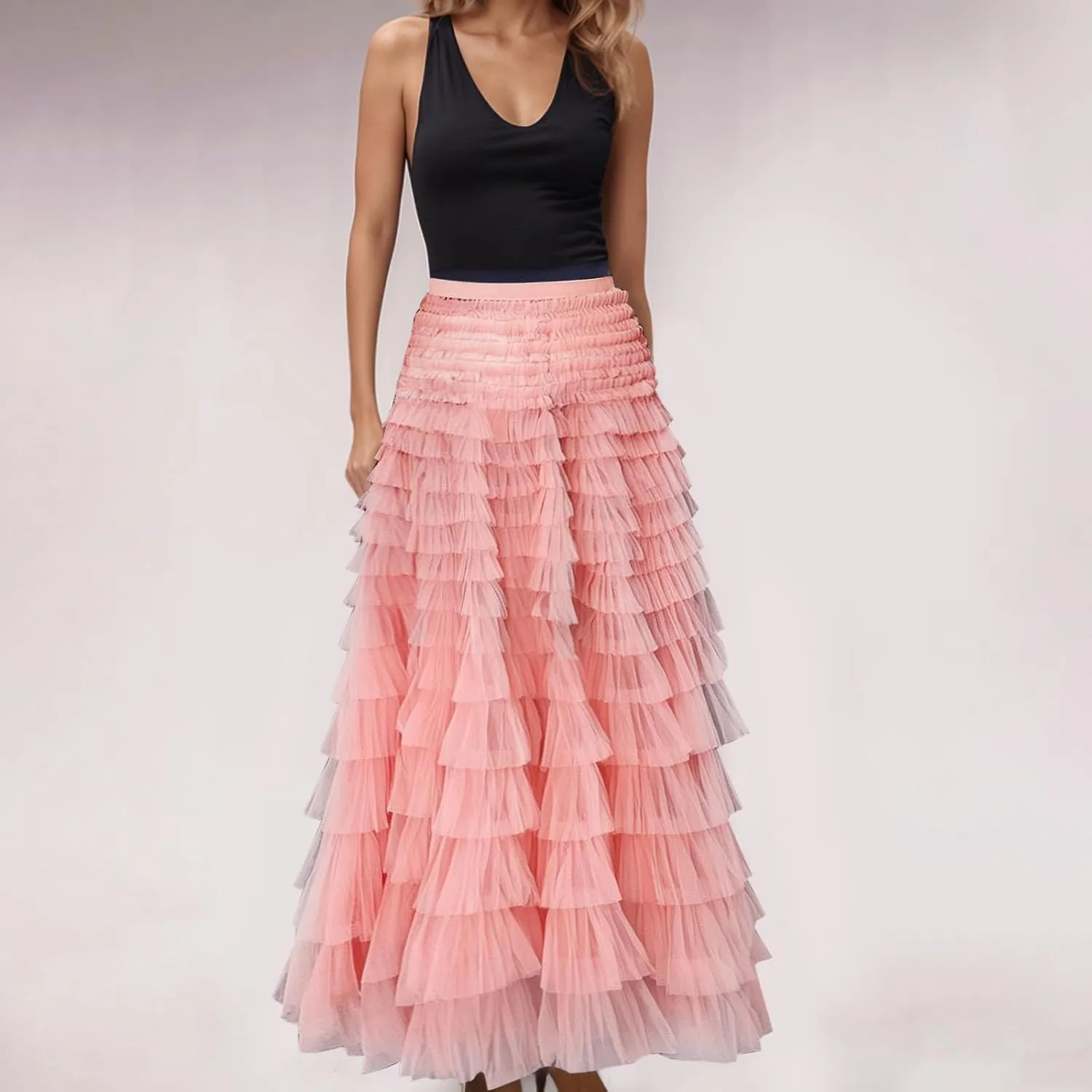 Women's Summer Boho Maxi Skirts Smocked High Wasited Flowy Dress Tiered Ruffle A Line Long Beach Long Skirt Summer