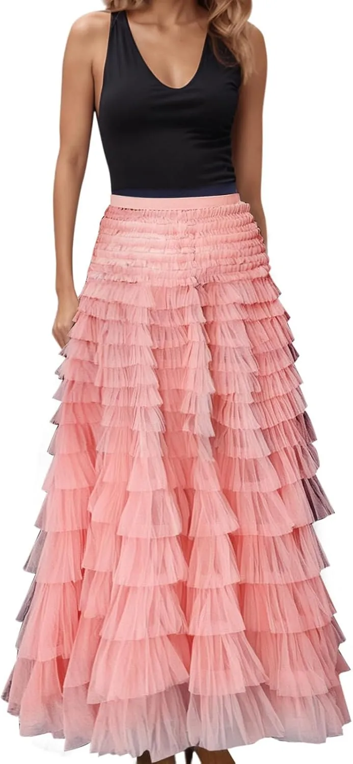 Women's Summer Boho Maxi Skirts Smocked High Wasited Flowy Dress Tiered Ruffle A Line Long Beach Long Skirt Summer