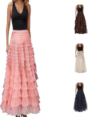 Women's Summer Boho Maxi Skirts Smocked High Wasited Flowy Dress Tiered Ruffle A Line Long Beach Long Skirt Summer