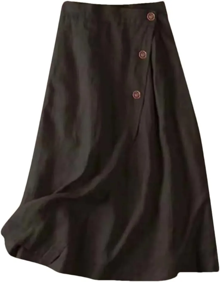 Women's Summer Cotton Linen Skirts Casual Medium Length Large Swing with Button Skirt