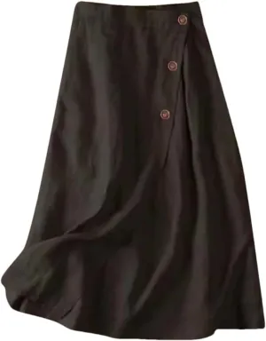 Women's Summer Cotton Linen Skirts Casual Medium Length Large Swing with Button Skirt