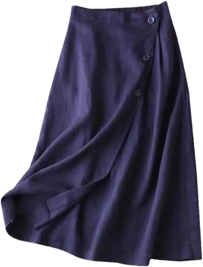 Women's Summer Cotton Linen Skirts Casual Medium Length Large Swing with Button Skirt