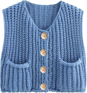 Womens Summer Crop Knit Sweater Vest Sleeveless Button Down Chunky Knit Vest Cardigan with Pockets