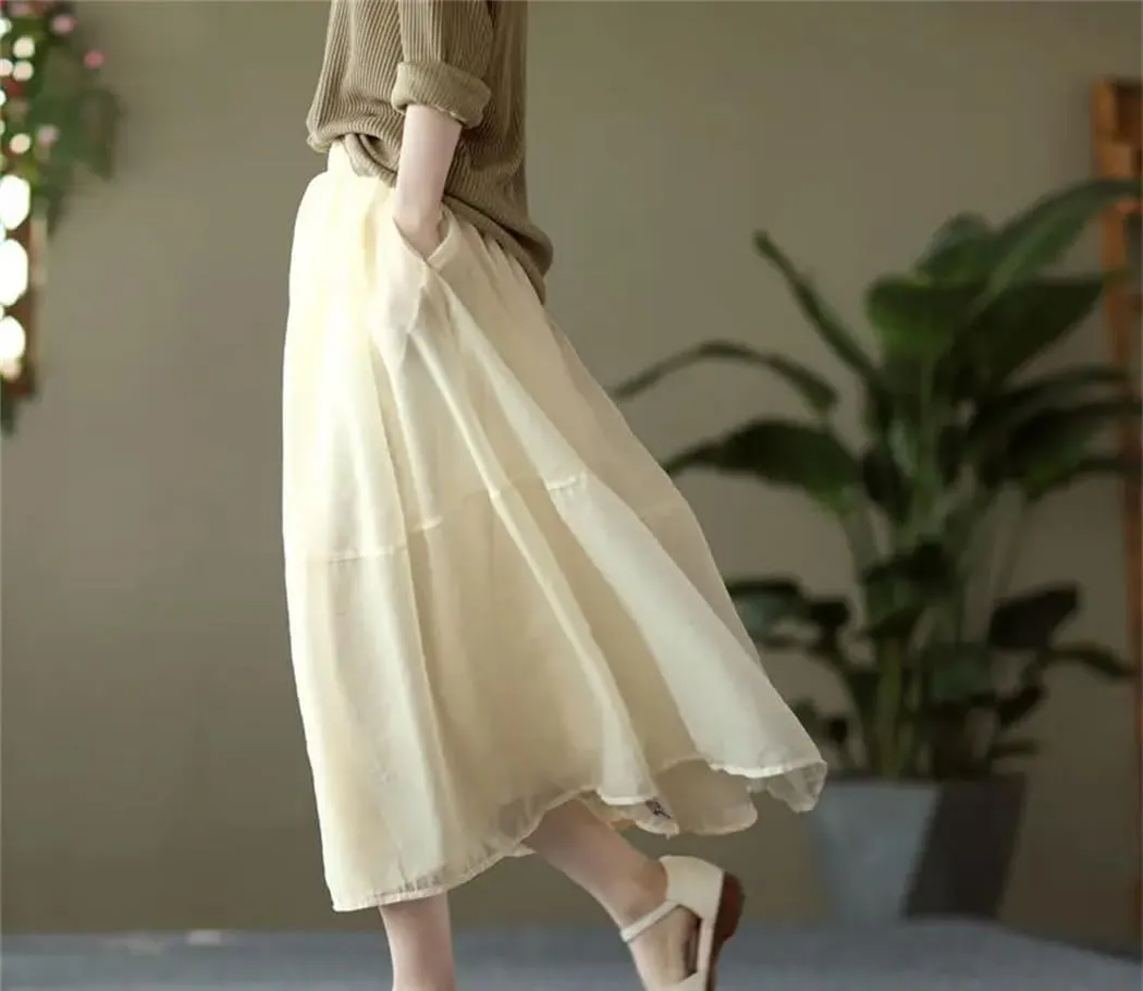 Women's Summer Elegant Solid Color Spliced Gauze Folds Skirts Loose Elastic High Waist Skirt