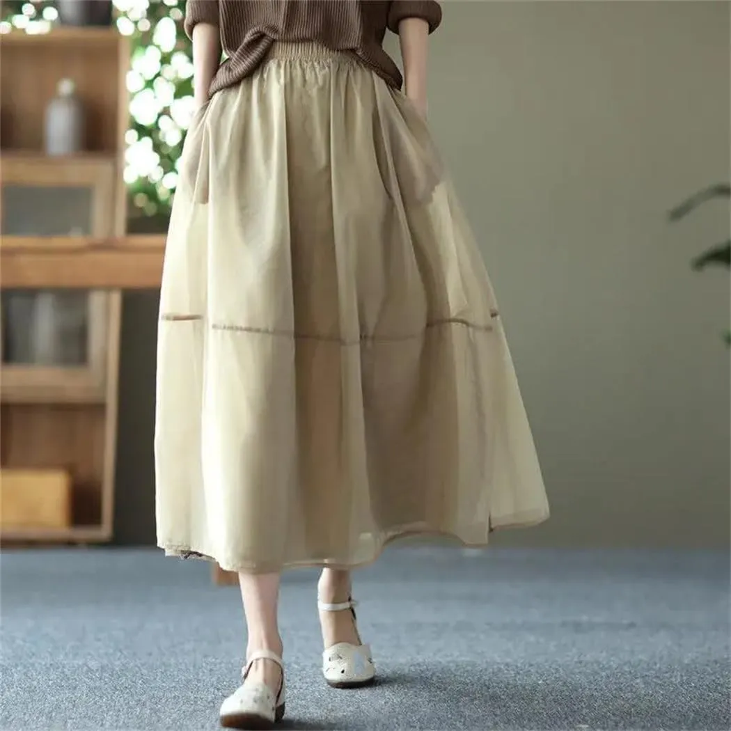 Women's Summer Elegant Solid Color Spliced Gauze Folds Skirts Loose Elastic High Waist Skirt
