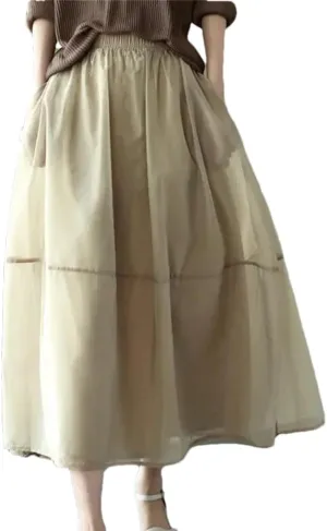 Women's Summer Elegant Solid Color Spliced Gauze Folds Skirts Loose Elastic High Waist Skirt