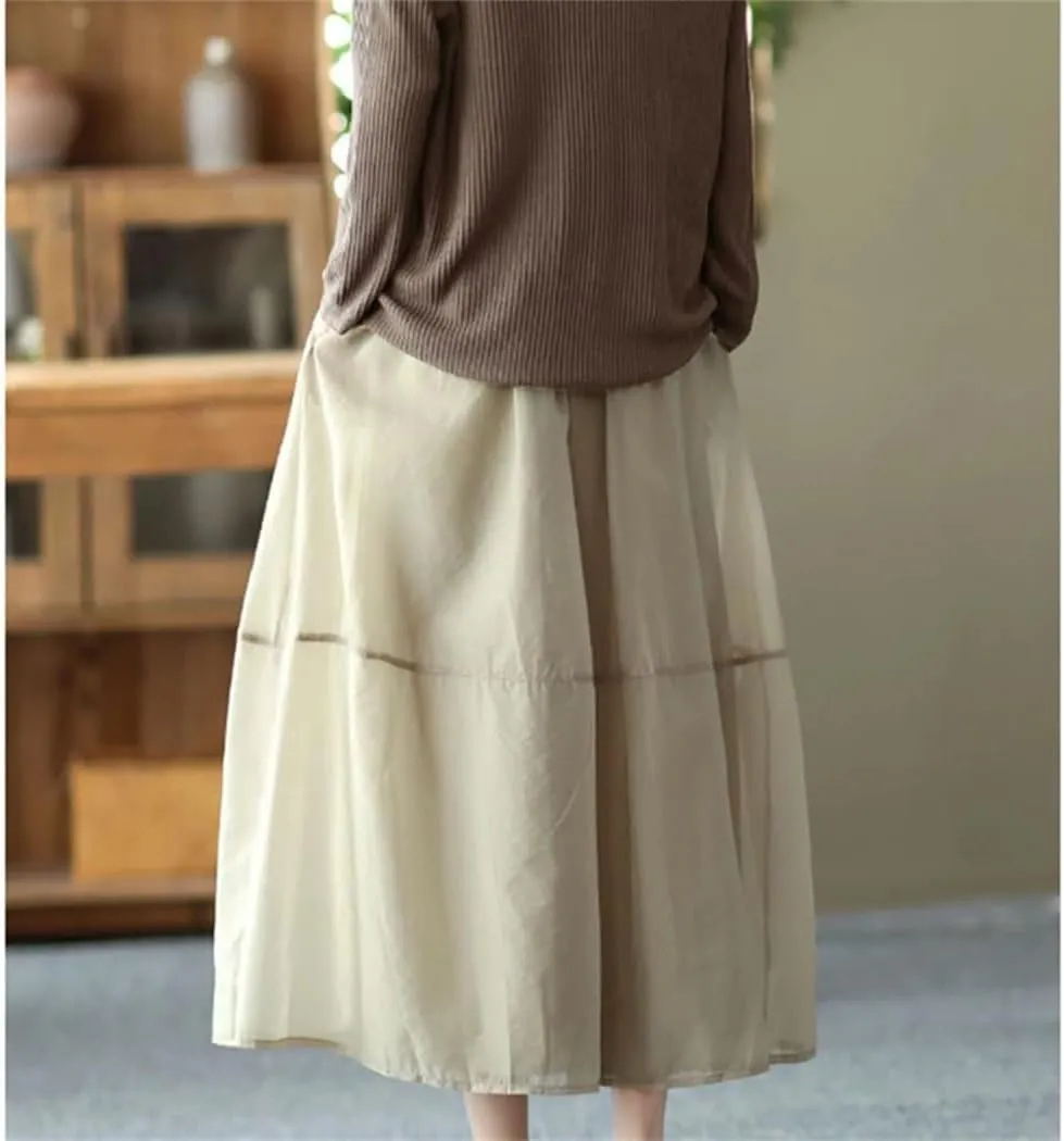 Women's Summer Elegant Solid Color Spliced Gauze Folds Skirts Loose Elastic High Waist Skirt