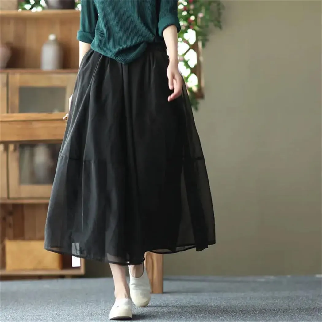 Women's Summer Elegant Solid Color Spliced Gauze Folds Skirts Loose Elastic High Waist Skirt