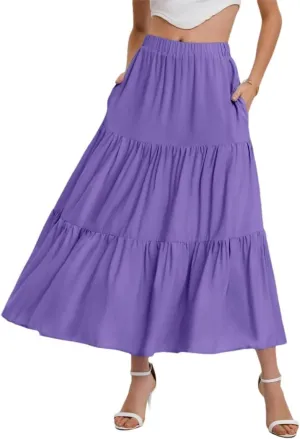 Women's Summer Skirt Bohemian Elastic Waist Flowing Ruffles Hem A Line Large Swing Puffy Skirt