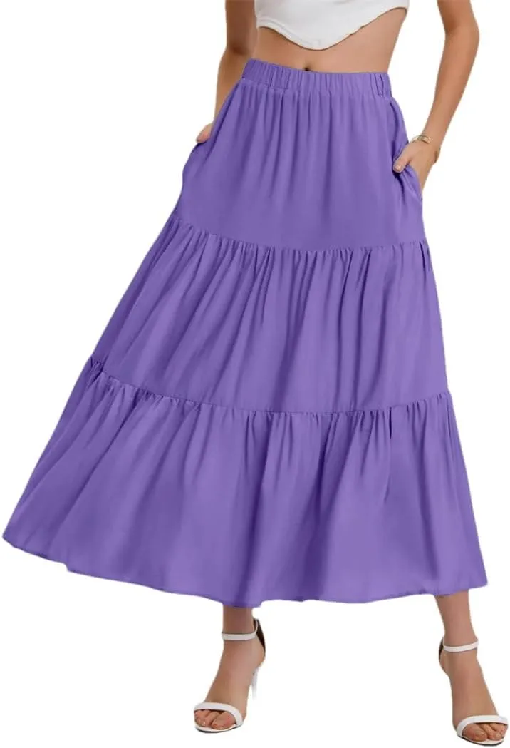 Women's Summer Skirt Bohemian Elastic Waist Flowing Ruffles Hem A Line Large Swing Puffy Skirt