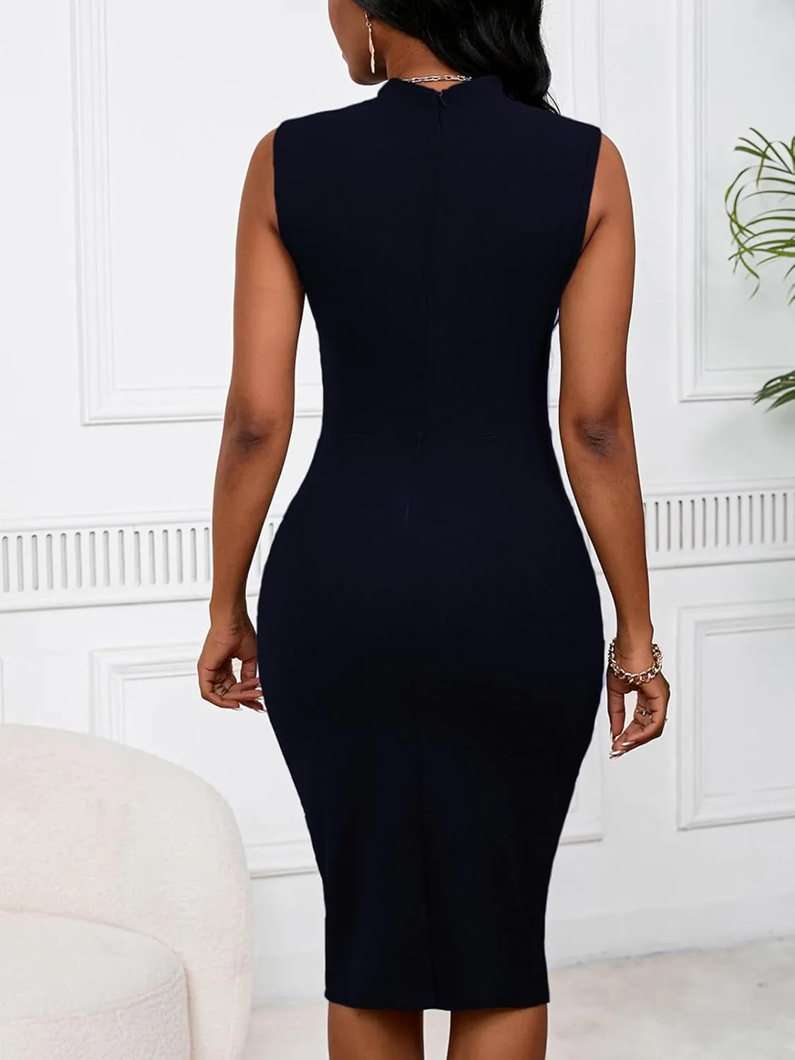 Womens Summer Sleeveless Bodycon Work Dresses for Women Tie Neck Ruched Cocktail Pencil Midi Dress