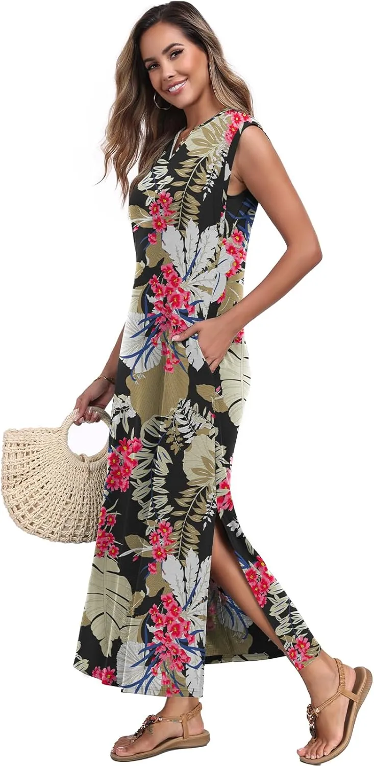 Women's Summer Slit Maxi Dress Casual V Neck Loose Long Dresses with Pockets(XS-3XL)