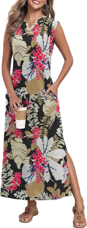 Women's Summer Slit Maxi Dress Casual V Neck Loose Long Dresses with Pockets(XS-3XL)