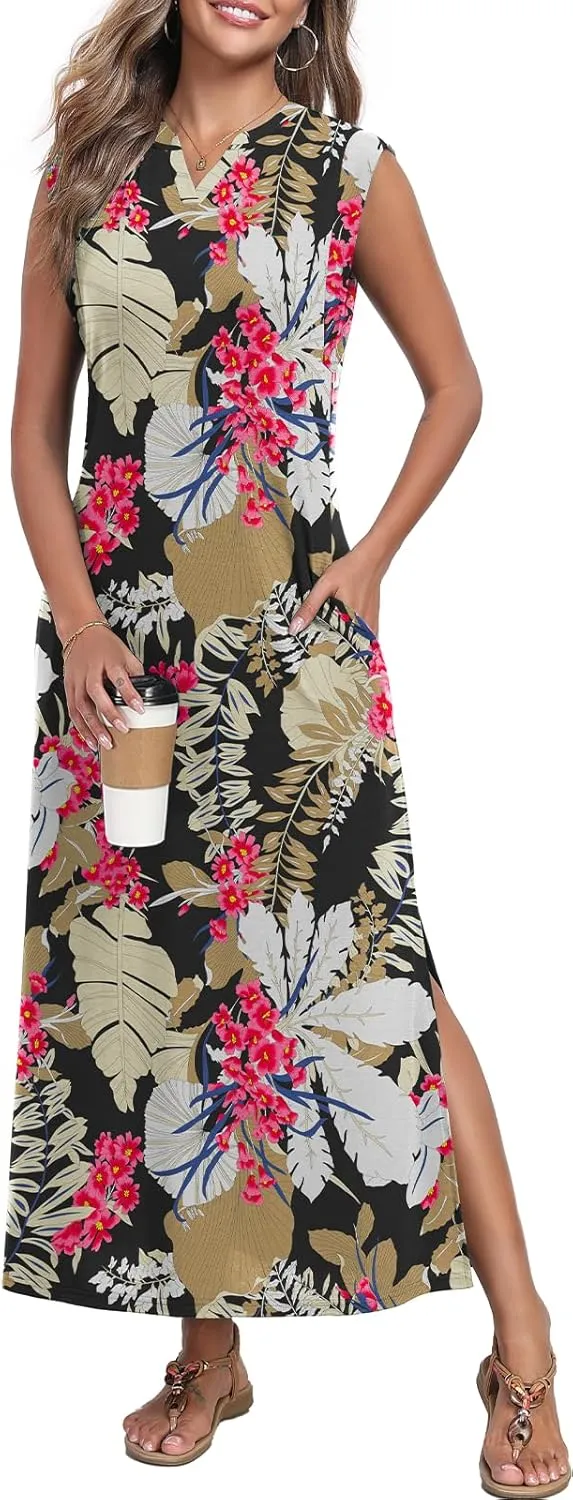 Women's Summer Slit Maxi Dress Casual V Neck Loose Long Dresses with Pockets(XS-3XL)