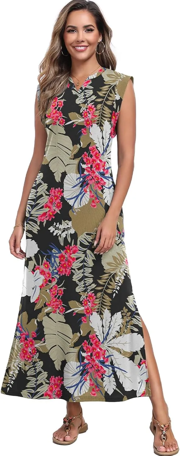 Women's Summer Slit Maxi Dress Casual V Neck Loose Long Dresses with Pockets(XS-3XL)