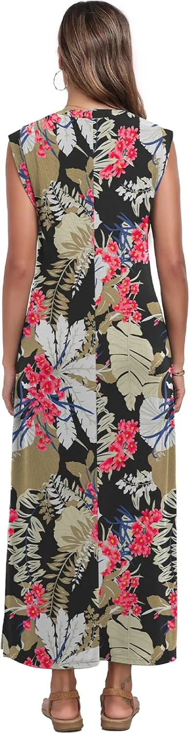 Women's Summer Slit Maxi Dress Casual V Neck Loose Long Dresses with Pockets(XS-3XL)