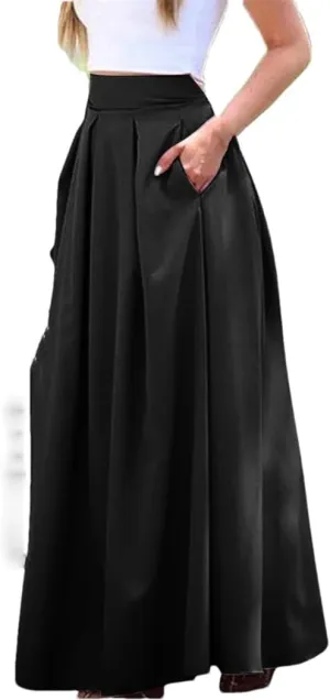 Women's Summer Solid Pleated Skirt Large Swing High Waist Floor Length Length Half with Pocket Skirts