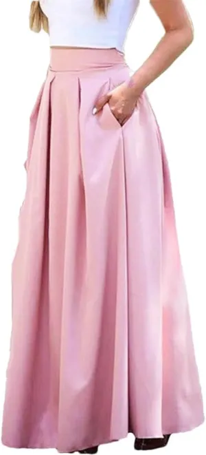 Women's Summer Solid Pleated Skirt Large Swing High Waist Floor Length Length Half with Pocket Skirts