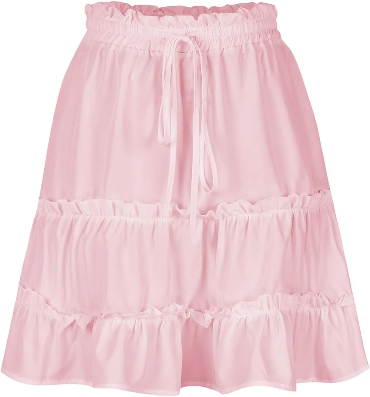 Women's Tiered Mini Skirt Solid Color Drawstring Elastic Waist Pleated Layer Ruffle Hem Flowy A Line Short Skirt