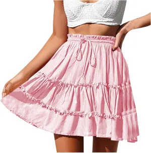 Women's Tiered Mini Skirt Solid Color Drawstring Elastic Waist Pleated Layer Ruffle Hem Flowy A Line Short Skirt