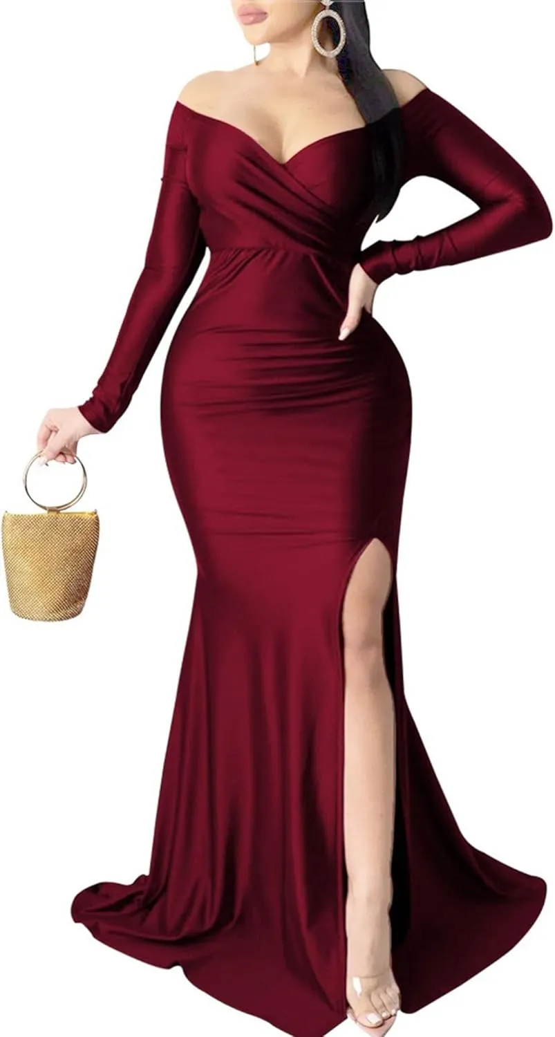Women's V Neck Off Shoulder Club Party Dress Bodycon Fashion Split Hem Dress Ruched Satin Maxi Dresses